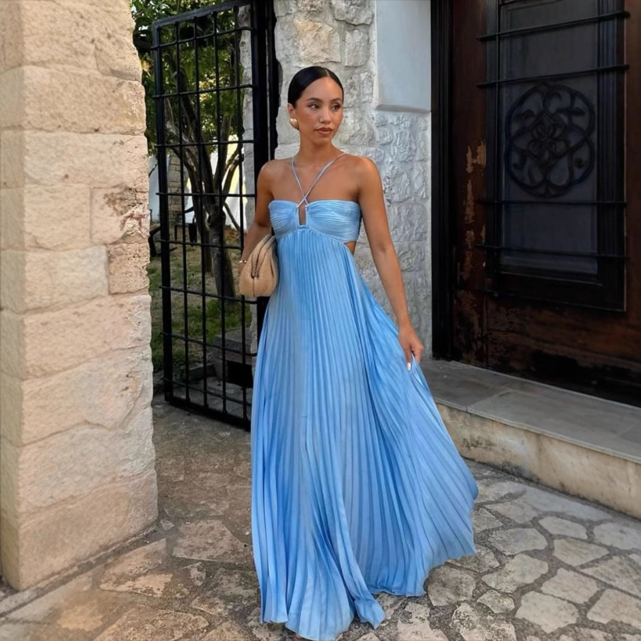 Women's Pleated Halter Maxi Dress — High Waist, 12 Colors, XS–XL