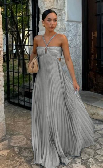 Women's Pleated Halter Maxi Dress — High Waist, 12 Colors, XS–XL