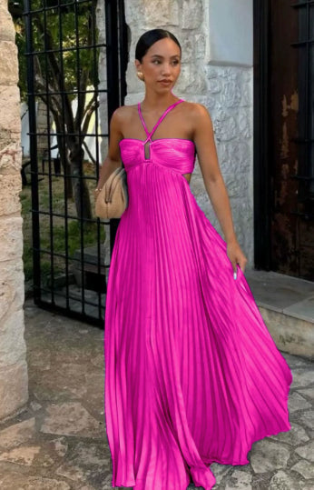 Women's Pleated Halter Maxi Dress — High Waist, 12 Colors, XS–XL