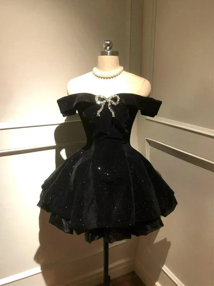 Black French Vintage Elegant Design Woman Dress Gothic Off Shoulder Retro Mini Dress Female Fairy Birthday Party Chic Outfits
