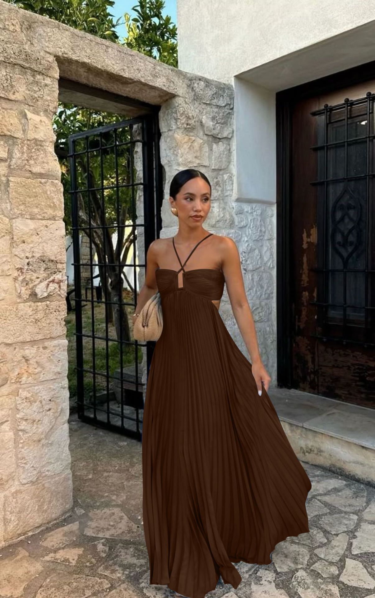 Women's Pleated Halter Maxi Dress — High Waist, 12 Colors, XS–XL