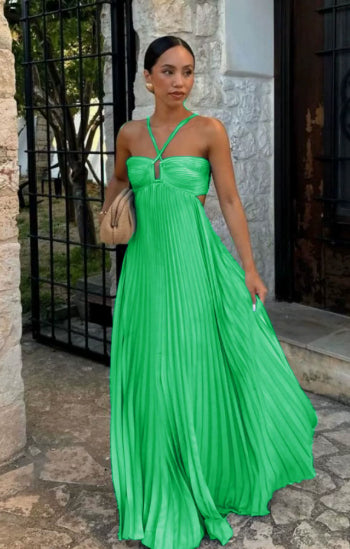 Women's Pleated Halter Maxi Dress — High Waist, 12 Colors, XS–XL