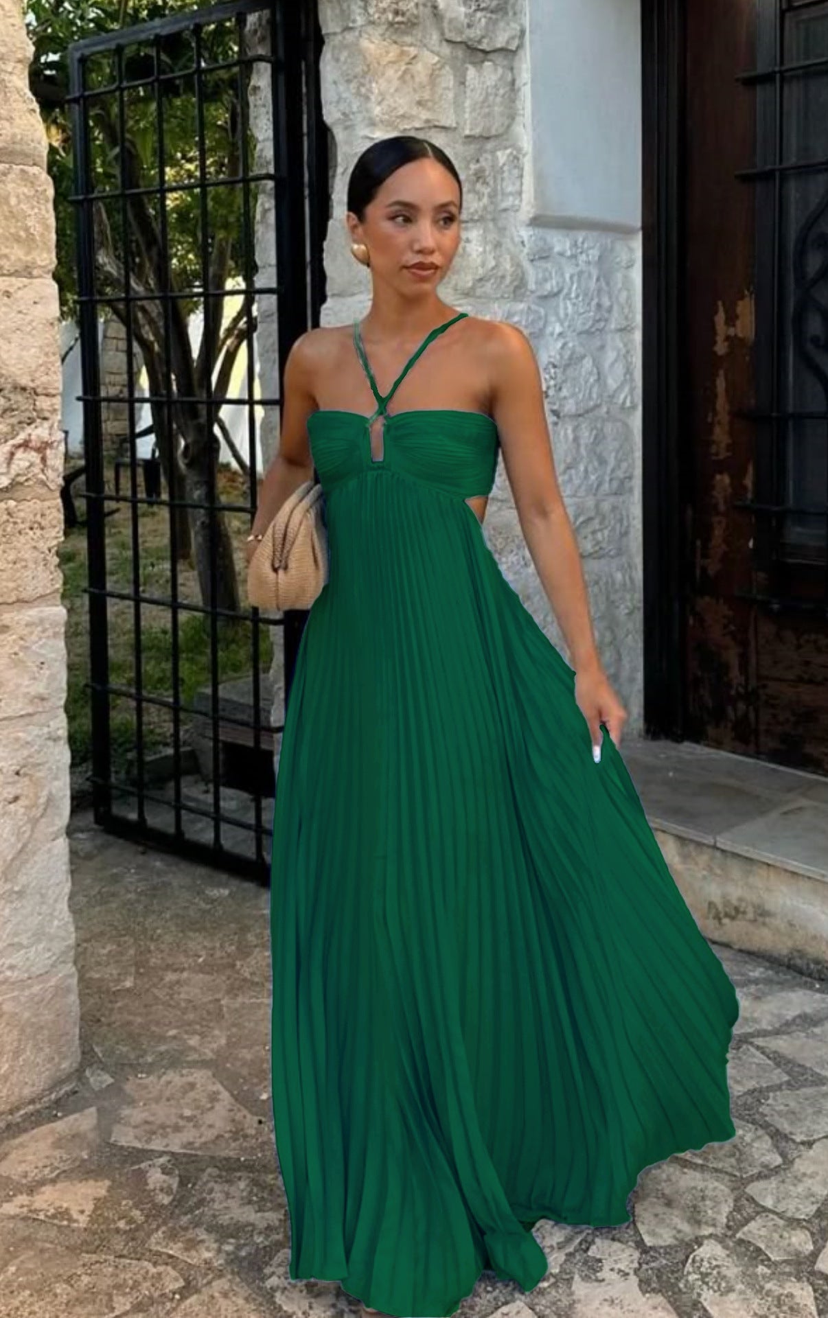 Women's Pleated Halter Maxi Dress — High Waist, 12 Colors, XS–XL