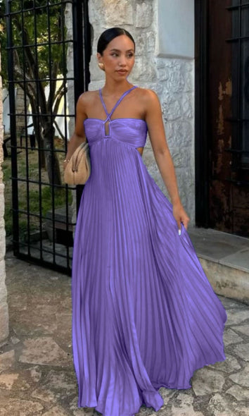 Women's Pleated Halter Maxi Dress — High Waist, 12 Colors, XS–XL