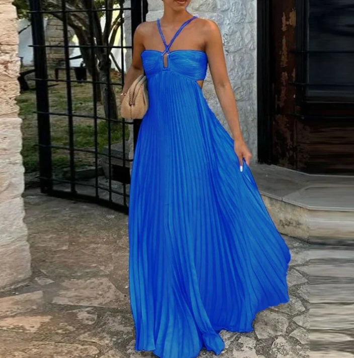 Women's Pleated Halter Maxi Dress — High Waist, 12 Colors, XS–XL