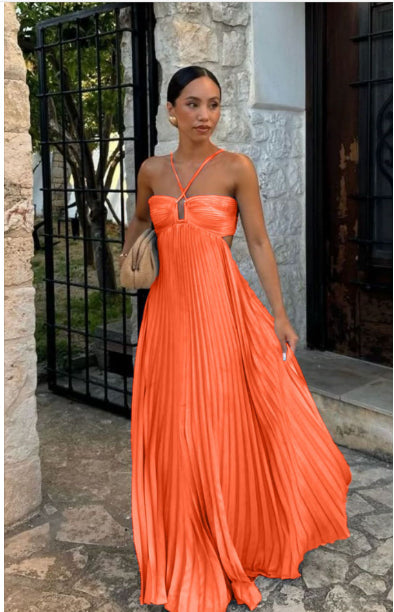 Women's Pleated Halter Maxi Dress — High Waist, 12 Colors, XS–XL