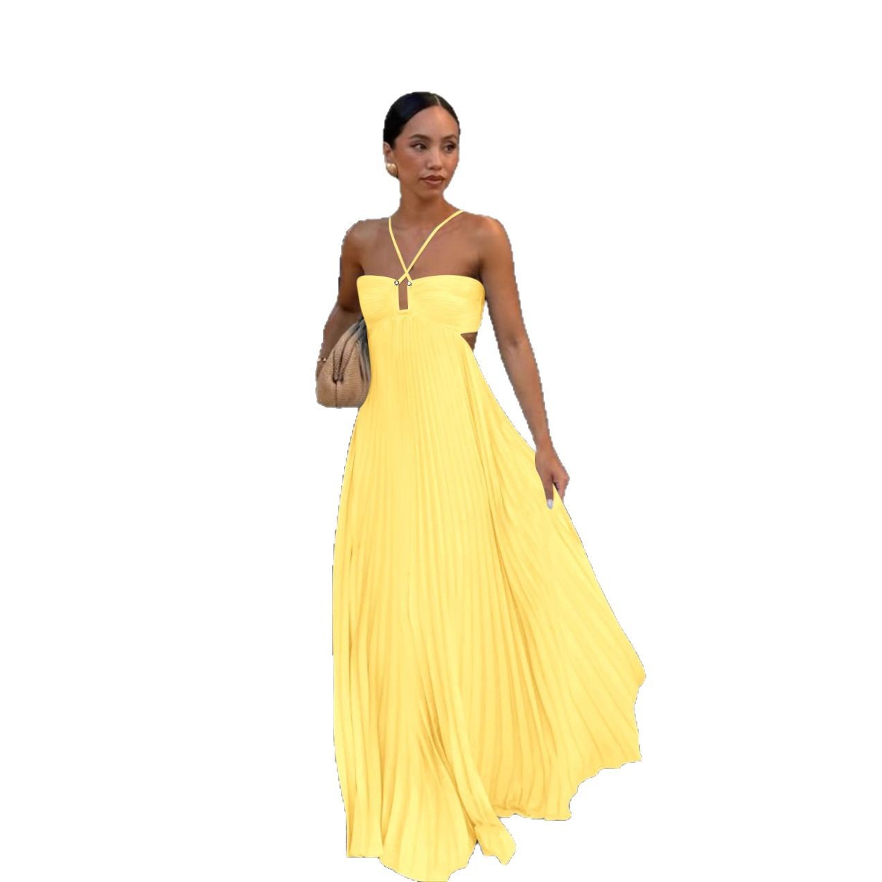 Women's Pleated Halter Maxi Dress — High Waist, 12 Colors, XS–XL