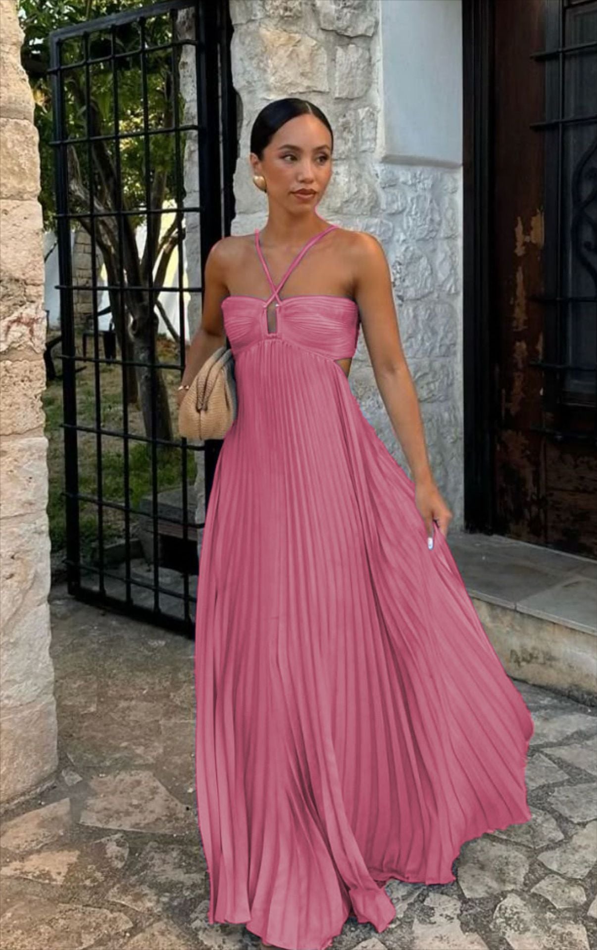 Women's Pleated Halter Maxi Dress — High Waist, 12 Colors, XS–XL
